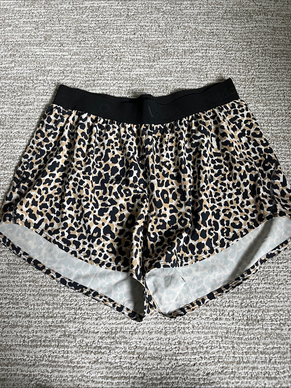 Outdoor Voices Black-Waistband Leopard Print Shorts, size S. Great condition.